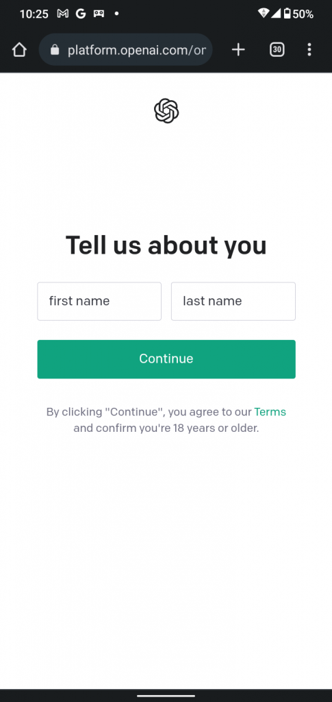 スマホからChatGPTを始めるための氏名入力